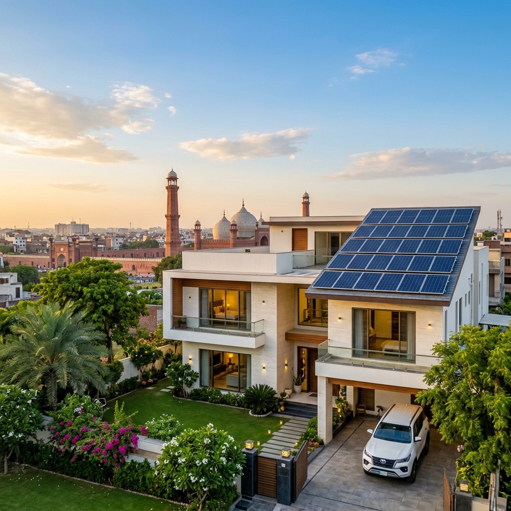 Modern Pakistani home with solar panels